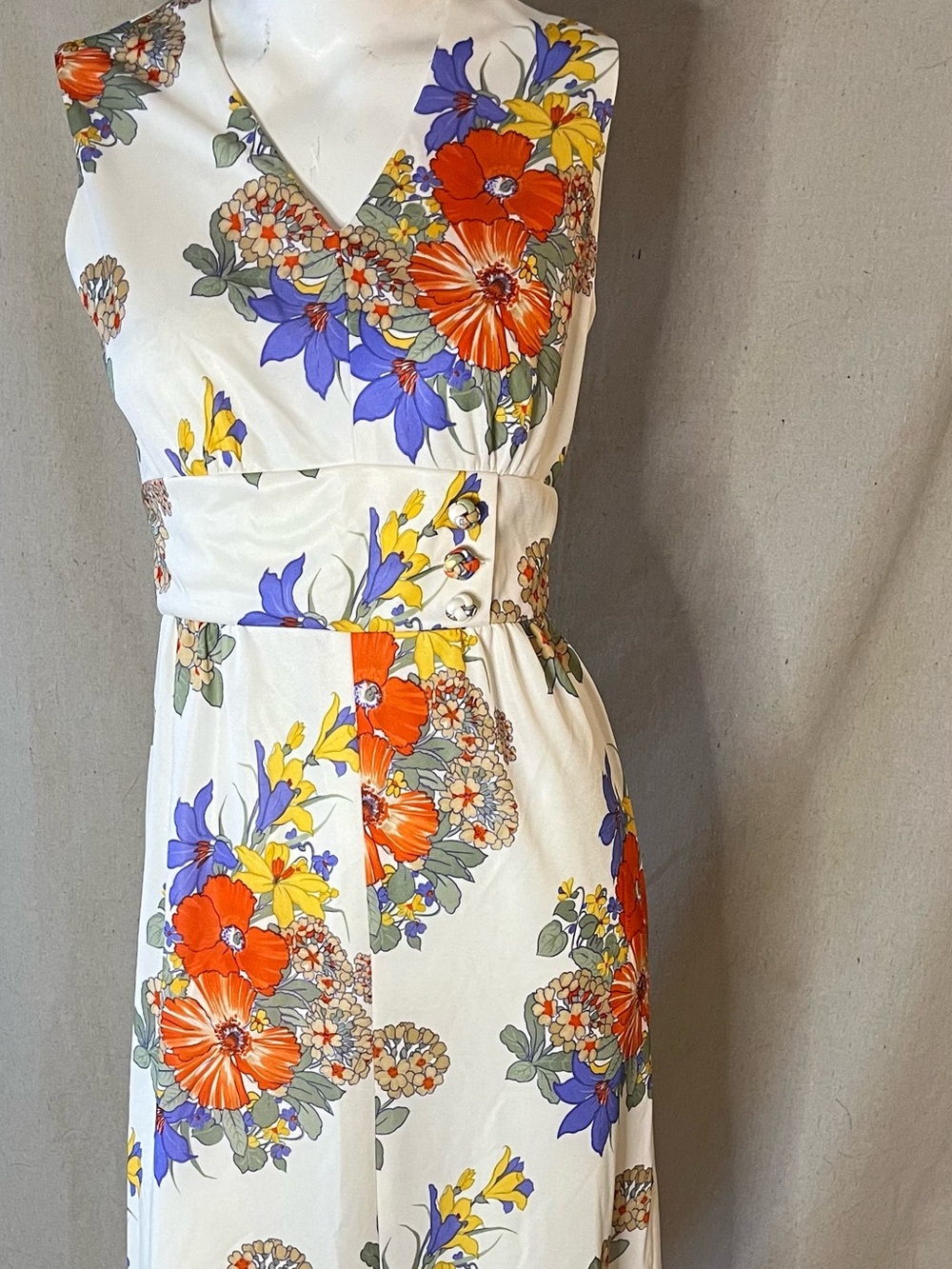 Leslie Fay White Maxi Dress with Orange, Purple and Yellow Floral Print